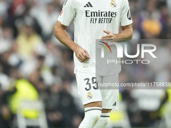 Raul Asencio centre-back of Real Madrid and Spain during the La Liga match between Real Madrid CF and CA Osasuna at Estadio Santiago Bernabe...