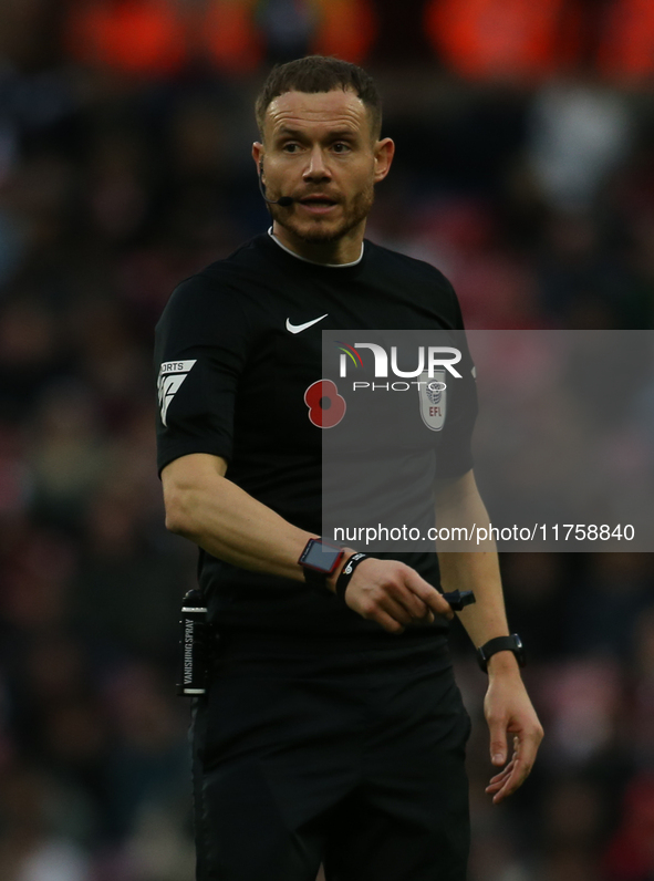 Referee Leigh Doughty officiates during the Sky Bet Championship match between Sunderland and Coventry City at the Stadium Of Light in Sunde...