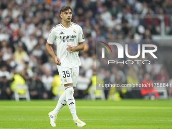 Raul Asencio centre-back of Real Madrid and Spain during the La Liga match between Real Madrid CF and CA Osasuna at Estadio Santiago Bernabe...