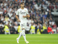 Raul Asencio centre-back of Real Madrid and Spain during the La Liga match between Real Madrid CF and CA Osasuna at Estadio Santiago Bernabe...