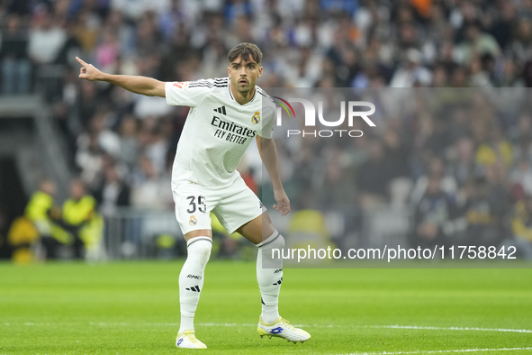 Raul Asencio centre-back of Real Madrid and Spain during the La Liga match between Real Madrid CF and CA Osasuna at Estadio Santiago Bernabe...