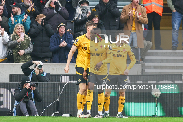 Pablo Sarabia of Wolves (right) with teammates following his goal during the Premier League match between Wolverhampton Wanderers and Southa...