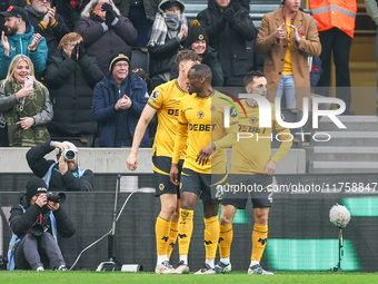 Pablo Sarabia of Wolves (right) with teammates following his goal during the Premier League match between Wolverhampton Wanderers and Southa...