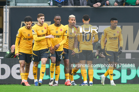 Wolves celebrate the goal by #21, Pablo Sarabia, during the Premier League match between Wolverhampton Wanderers and Southampton at Molineux...