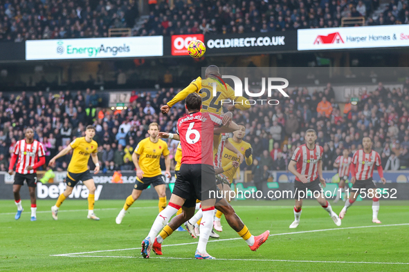 Number 24, Toti Gomes of Wolves, heads the ball during the Premier League match between Wolverhampton Wanderers and Southampton at Molineux...