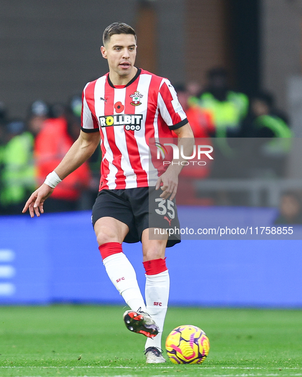 Jan Bednarek of Southampton participates in the Premier League match between Wolverhampton Wanderers and Southampton at Molineux in Wolverha...