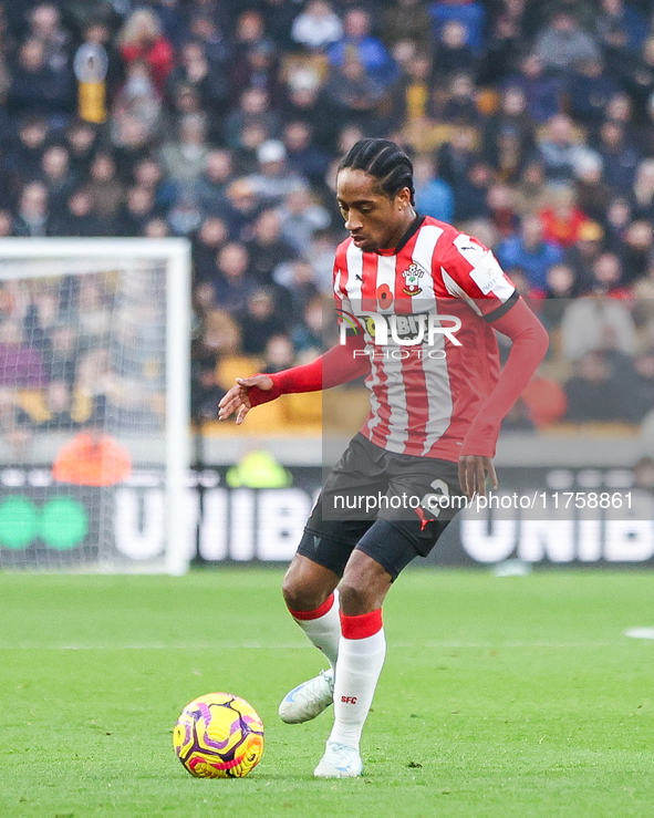 Kyle Walker-Peters of Southampton is on the ball during the Premier League match between Wolverhampton Wanderers and Southampton at Molineux...