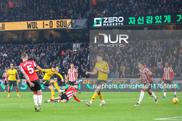 Joao Gomes of Wolves attempts a shot on goal during the Premier League match between Wolverhampton Wanderers and Southampton at Molineux in...