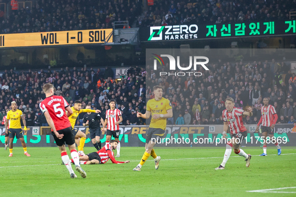 Joao Gomes of Wolves attempts a shot on goal during the Premier League match between Wolverhampton Wanderers and Southampton at Molineux in...