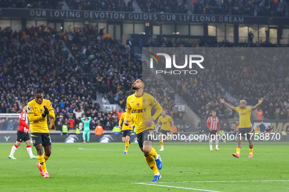 Matheus Cunha of Wolves celebrates his goal during the Premier League match between Wolverhampton Wanderers and Southampton at Molineux in W...