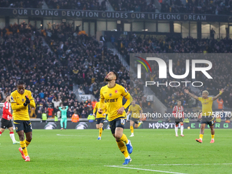 Matheus Cunha of Wolves celebrates his goal during the Premier League match between Wolverhampton Wanderers and Southampton at Molineux in W...