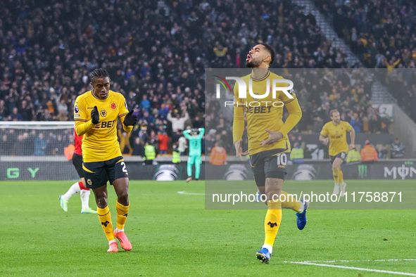 Matheus Cunha of Wolves celebrates his goal during the Premier League match between Wolverhampton Wanderers and Southampton at Molineux in W...