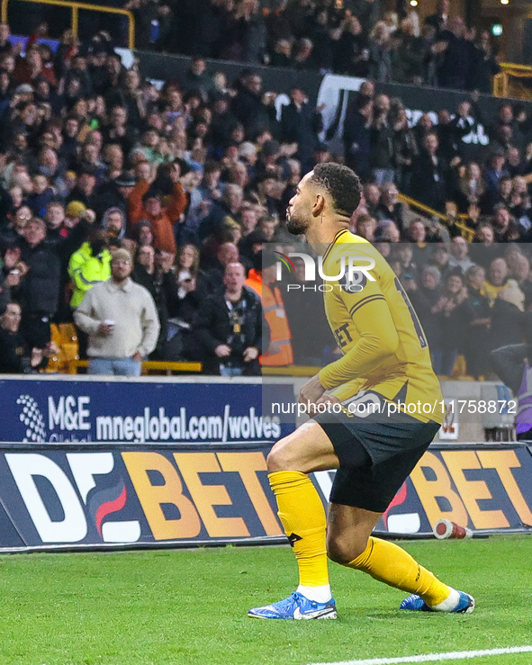 Matheus Cunha of Wolves celebrates his goal in front of the fans during the Premier League match between Wolverhampton Wanderers and Southam...