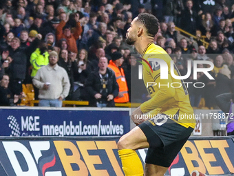 Matheus Cunha of Wolves celebrates his goal in front of the fans during the Premier League match between Wolverhampton Wanderers and Southam...