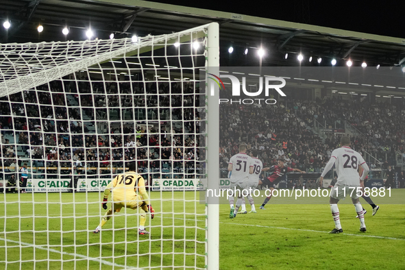 Gabriele Zappa (#28 Cagliari Calcio) scores a goal during the Serie A TIM match between Cagliari Calcio and AC Milan in Italy on November 9,...