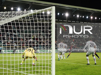 Gabriele Zappa (#28 Cagliari Calcio) scores a goal during the Serie A TIM match between Cagliari Calcio and AC Milan in Italy on November 9,...