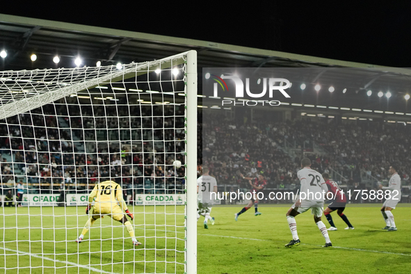 Gabriele Zappa (#28 Cagliari Calcio) scores a goal during the Serie A TIM match between Cagliari Calcio and AC Milan in Italy on November 9,...