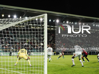 Gabriele Zappa (#28 Cagliari Calcio) scores a goal during the Serie A TIM match between Cagliari Calcio and AC Milan in Italy on November 9,...