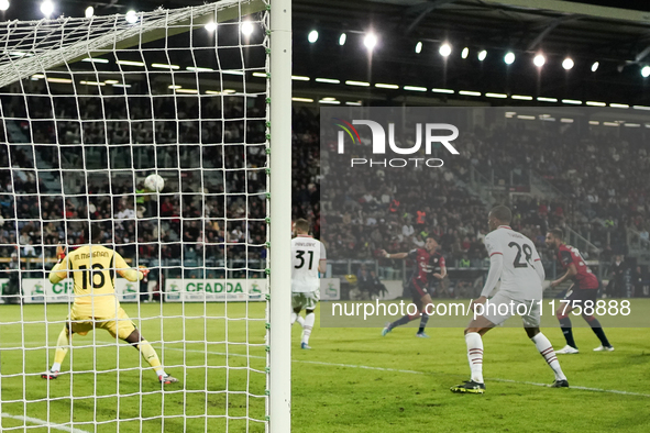 Gabriele Zappa (#28 Cagliari Calcio) scores a goal during the Serie A TIM match between Cagliari Calcio and AC Milan in Italy on November 9,...