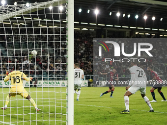 Gabriele Zappa (#28 Cagliari Calcio) scores a goal during the Serie A TIM match between Cagliari Calcio and AC Milan in Italy on November 9,...