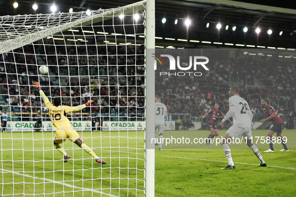 Gabriele Zappa (#28 Cagliari Calcio) scores a goal during the Serie A TIM match between Cagliari Calcio and AC Milan in Italy on November 9,...