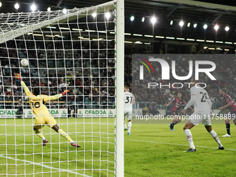 Gabriele Zappa (#28 Cagliari Calcio) scores a goal during the Serie A TIM match between Cagliari Calcio and AC Milan in Italy on November 9,...