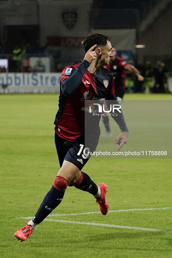 Nadir Zortea (#19 Cagliari Calcio) celebrates during the Serie A TIM match between Cagliari Calcio and AC Milan in Italy on November 9, 2024...