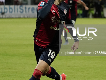 Nadir Zortea (#19 Cagliari Calcio) celebrates during the Serie A TIM match between Cagliari Calcio and AC Milan in Italy on November 9, 2024...