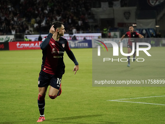 Nadir Zortea (#19 Cagliari Calcio) celebrates during the Serie A TIM match between Cagliari Calcio and AC Milan in Italy on November 9, 2024...