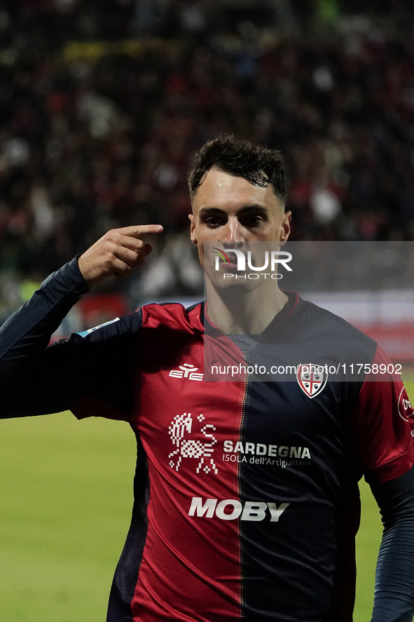 Nadir Zortea (#19 Cagliari Calcio) celebrates during the Serie A TIM match between Cagliari Calcio and AC Milan in Italy on November 9, 2024...