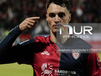 Nadir Zortea (#19 Cagliari Calcio) celebrates during the Serie A TIM match between Cagliari Calcio and AC Milan in Italy on November 9, 2024...