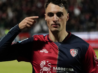 Nadir Zortea (#19 Cagliari Calcio) celebrates during the Serie A TIM match between Cagliari Calcio and AC Milan in Italy on November 9, 2024...