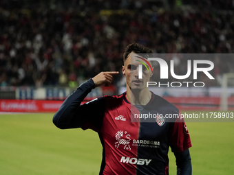 Nadir Zortea (#19 Cagliari Calcio) celebrates during the Serie A TIM match between Cagliari Calcio and AC Milan in Italy on November 9, 2024...