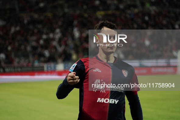 Nadir Zortea (#19 Cagliari Calcio) celebrates during the Serie A TIM match between Cagliari Calcio and AC Milan in Italy on November 9, 2024...