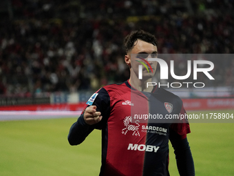 Nadir Zortea (#19 Cagliari Calcio) celebrates during the Serie A TIM match between Cagliari Calcio and AC Milan in Italy on November 9, 2024...