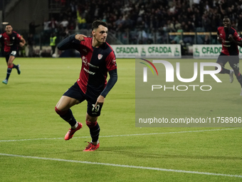 Nadir Zortea (#19 Cagliari Calcio) celebrates during the Serie A TIM match between Cagliari Calcio and AC Milan in Italy on November 9, 2024...