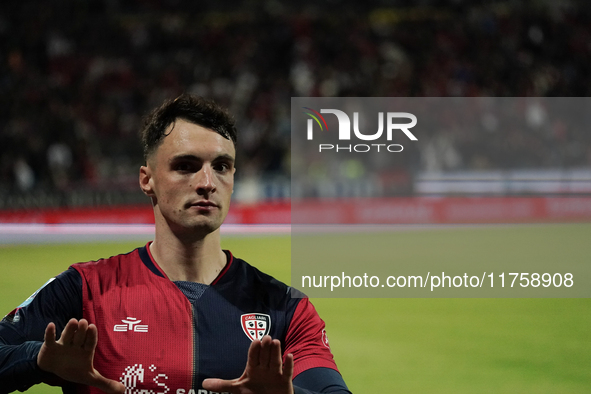 Nadir Zortea (#19 Cagliari Calcio) celebrates during the Serie A TIM match between Cagliari Calcio and AC Milan in Italy on November 9, 2024...