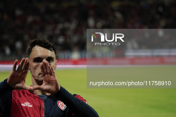 Nadir Zortea (#19 Cagliari Calcio) celebrates during the Serie A TIM match between Cagliari Calcio and AC Milan in Italy on November 9, 2024...