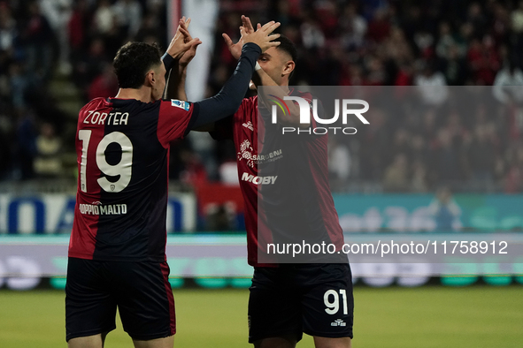 Nadir Zortea (#19 Cagliari Calcio) celebrates during the Serie A TIM match between Cagliari Calcio and AC Milan in Italy on November 9, 2024...