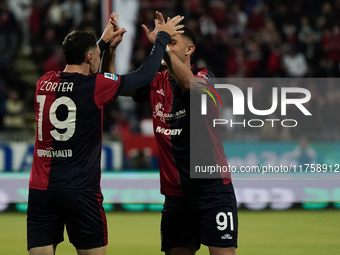 Nadir Zortea (#19 Cagliari Calcio) celebrates during the Serie A TIM match between Cagliari Calcio and AC Milan in Italy on November 9, 2024...