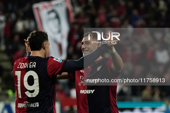 Nadir Zortea (#19 Cagliari Calcio) celebrates during the Serie A TIM match between Cagliari Calcio and AC Milan in Italy on November 9, 2024...