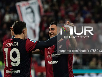 Nadir Zortea (#19 Cagliari Calcio) celebrates during the Serie A TIM match between Cagliari Calcio and AC Milan in Italy on November 9, 2024...