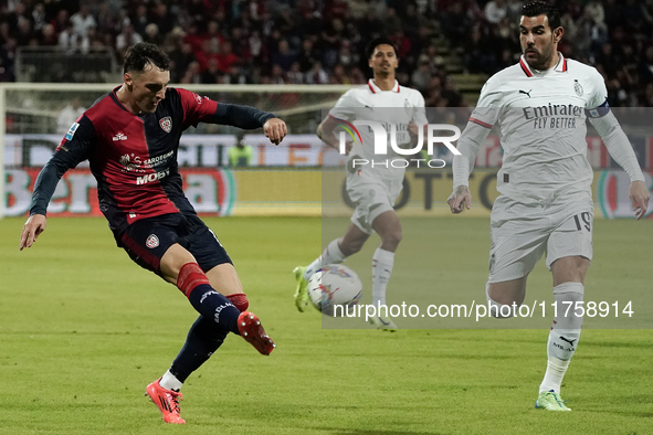 Nadir Zortea (#19 Cagliari Calcio) participates in the Serie A TIM match between Cagliari Calcio and AC Milan in Italy on November 9, 2024. 