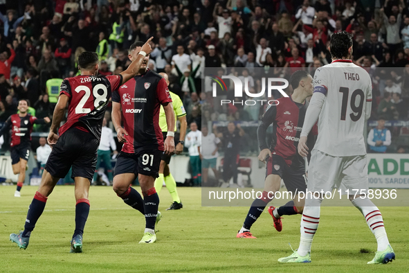 Gabriele Zappa (#28 Cagliari Calcio) celebrates during the Serie A TIM match between Cagliari Calcio and AC Milan in Italy on November 9, 20...