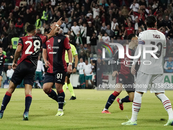 Gabriele Zappa (#28 Cagliari Calcio) celebrates during the Serie A TIM match between Cagliari Calcio and AC Milan in Italy on November 9, 20...