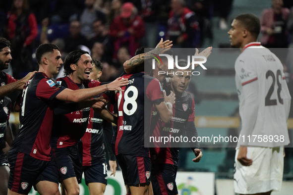 Gabriele Zappa (#28 Cagliari Calcio) celebrates during the Serie A TIM match between Cagliari Calcio and AC Milan in Italy on November 9, 20...