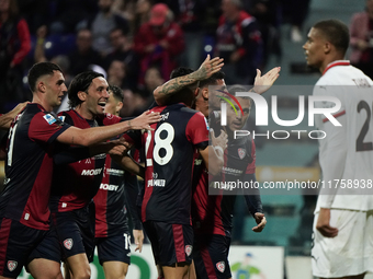 Gabriele Zappa (#28 Cagliari Calcio) celebrates during the Serie A TIM match between Cagliari Calcio and AC Milan in Italy on November 9, 20...