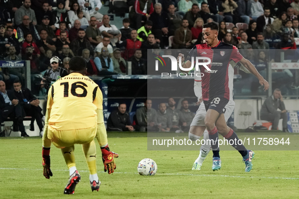 Gabriele Zappa (#28 Cagliari Calcio) scores a goal during the Serie A TIM match between Cagliari Calcio and AC Milan in Italy on November 9,...