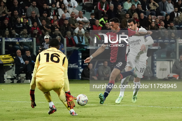 Gabriele Zappa (#28 Cagliari Calcio) scores a goal during the Serie A TIM match between Cagliari Calcio and AC Milan in Italy on November 9,...