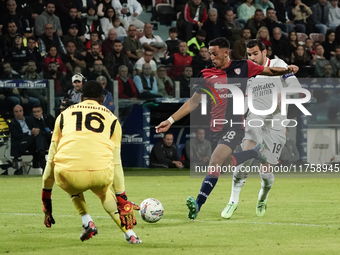 Gabriele Zappa (#28 Cagliari Calcio) scores a goal during the Serie A TIM match between Cagliari Calcio and AC Milan in Italy on November 9,...